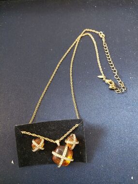 Avon Gold-Tone Amber & Crystal Cross Pendant Necklace Set